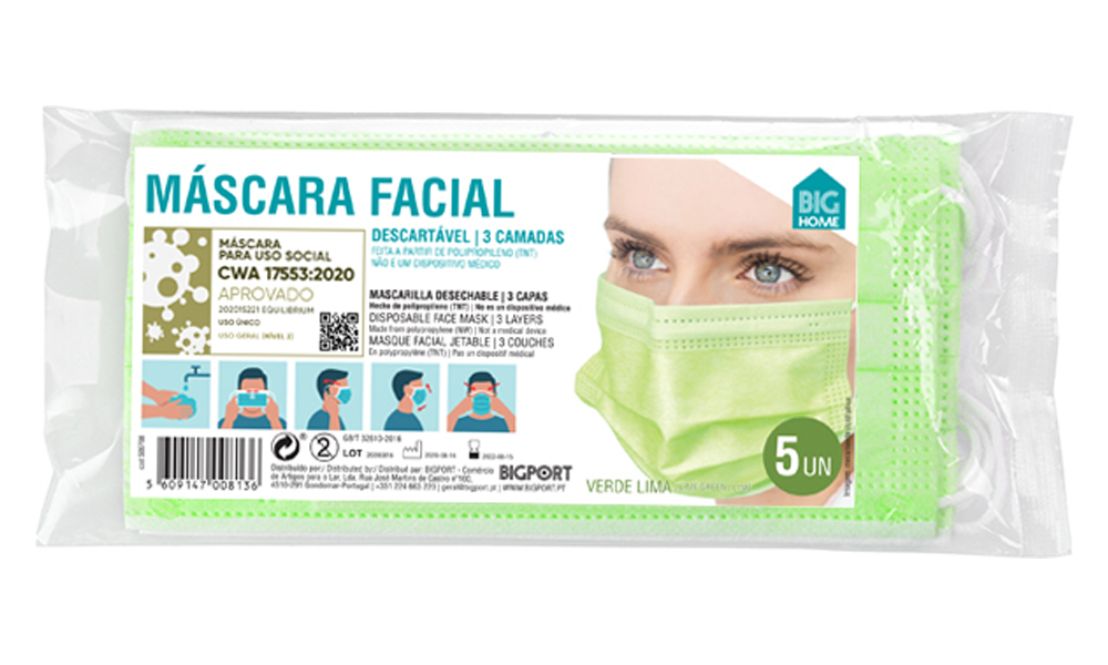 Máscara facial descartável verde lima Big Home pack 5