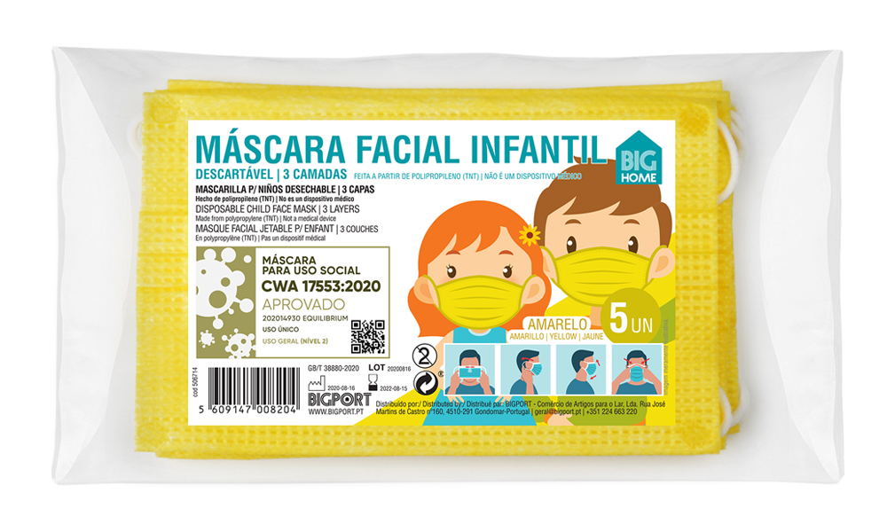 Máscara Infantil Descartável amarelo pack 5 unidades