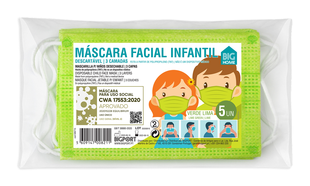 Máscara Infantil Descartável verde lima pack 5 unidades